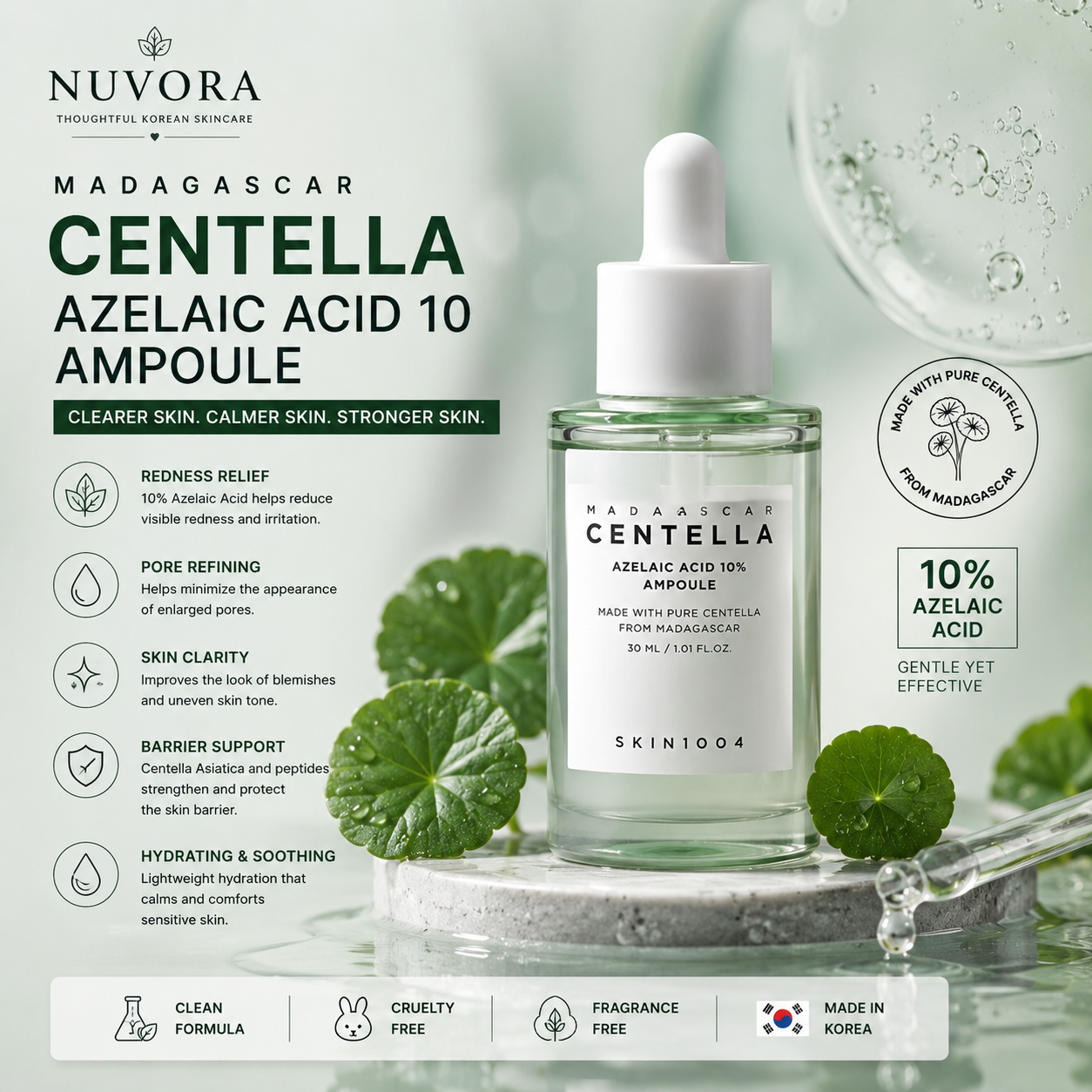 SKIN1004 Madagascar Centella Azelaic Acid 10 Ampoule 30ml displayed in a premium botanical setting with Centella leaves, highlighting redness relief, pore refining and skin barrier support for sensitive skin.
