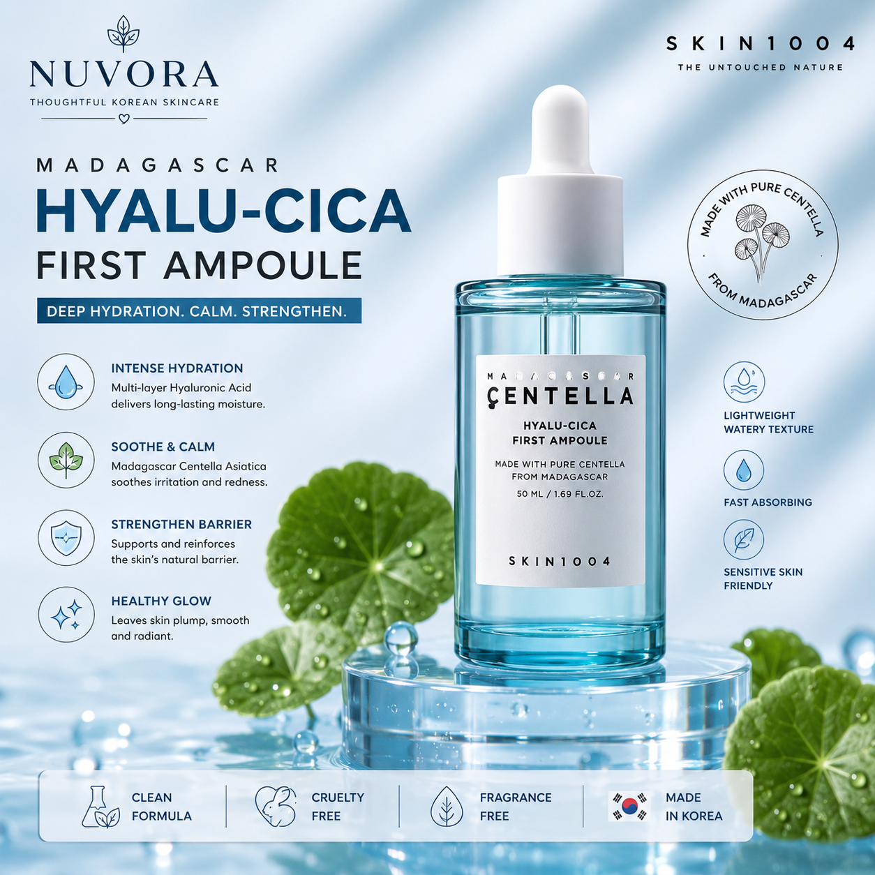 SKIN1004 Madagascar Hyalu-Cica First Ampoule 50ml premium hero image featuring deep hydration, Centella Asiatica, Hyaluronic Acid and Nuvora Korean skincare branding.