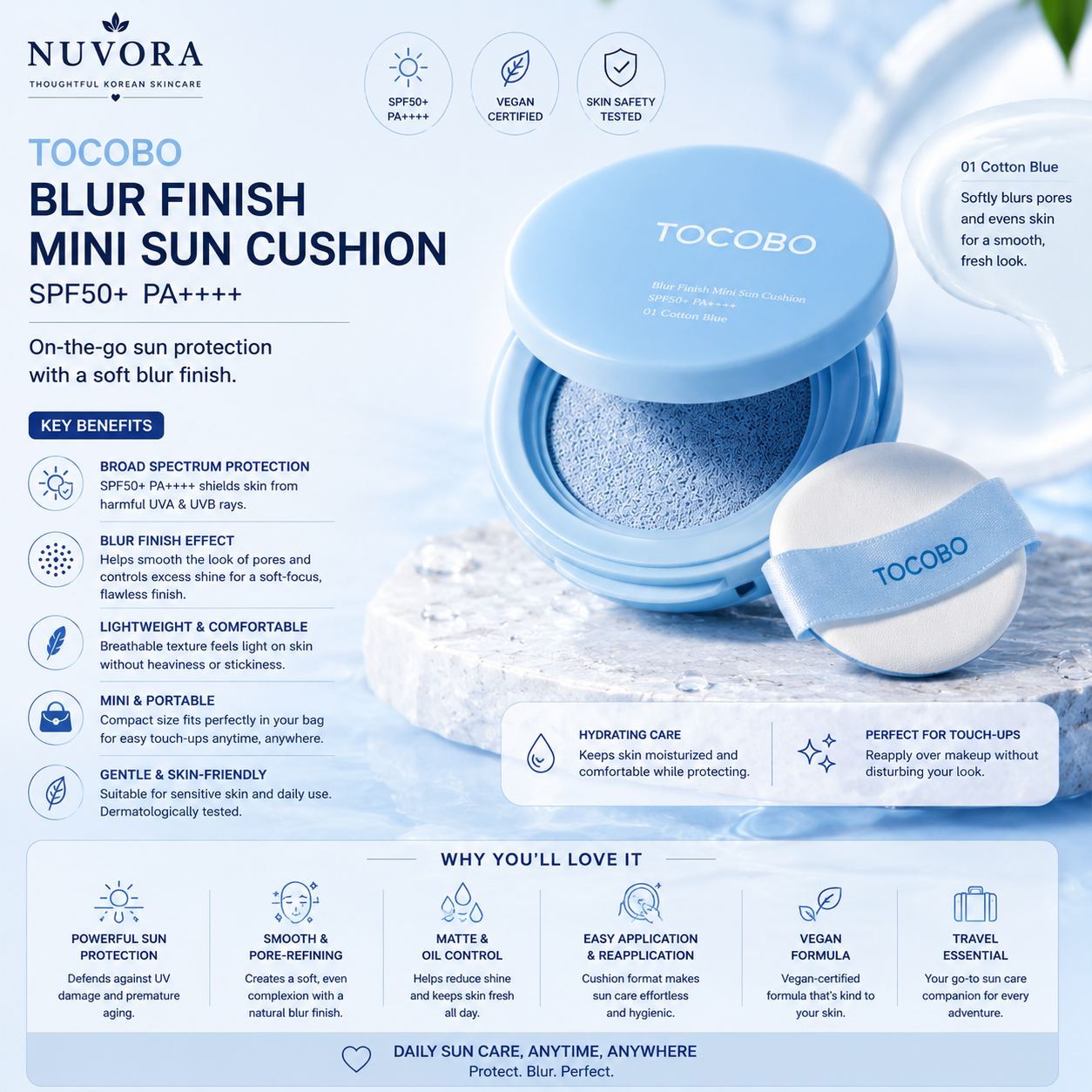 Benefits of TOCOBO Blur Finish Mini Sun Cushion SPF50+ PA++++ featuring broad-spectrum UV protection, pore-blurring effect, lightweight texture, hydration, vegan formula, and easy touch-up application.