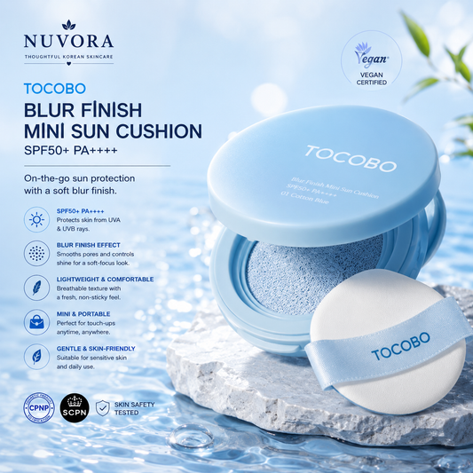 TOCOBO Blur Finish Mini Sun Cushion SPF50+ PA++++ Cotton Blue compact sunscreen cushion with soft matte finish and portable Korean sun protection.
