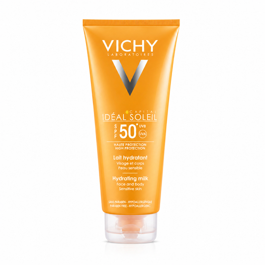 Vichy Capital Soleil SPF50 hydrating sun milk sunscreen on white background for sensitive skin protection
