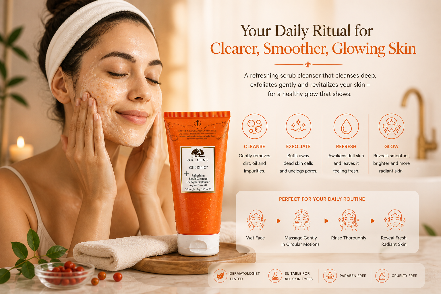 Woman using ginseng facial cleanser during skincare routine for clear smooth and glowing skin